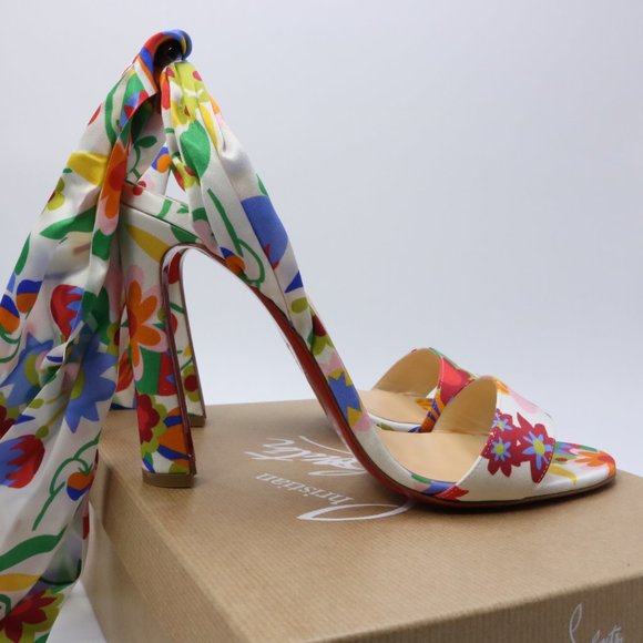 Christian Louboutin 40 Crosse Du Desert 100mm Bloomy Floral Ribbon Heels E678